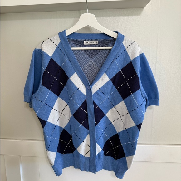 Grace Karin Sweaters - Grace Karin Blue and White Argyle Sweater